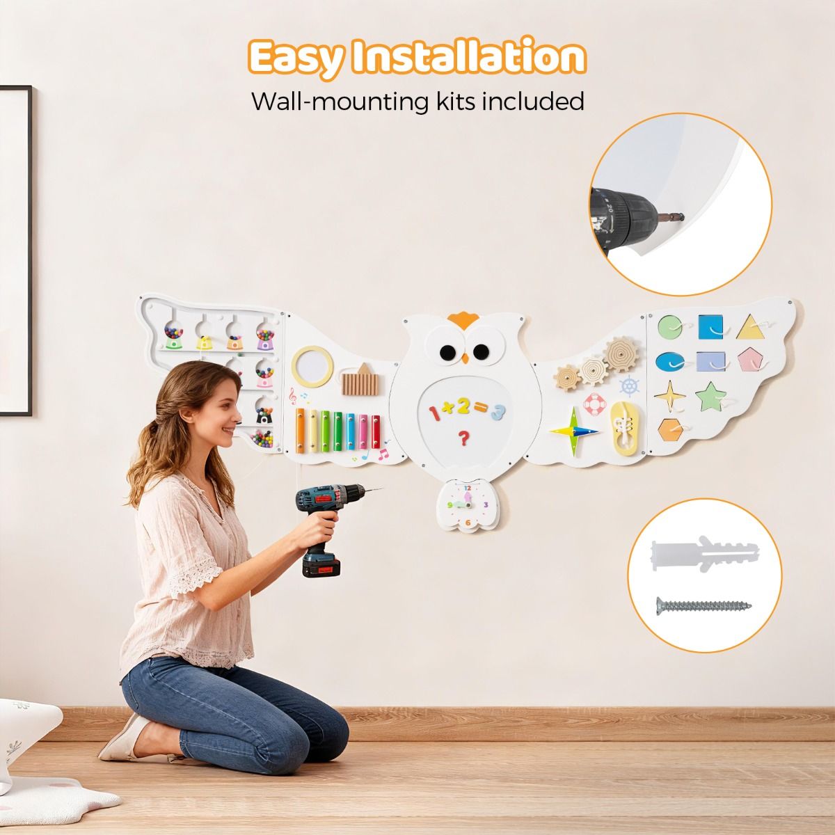 Coast Wand-Aktivitätenbrett „Eule“ – 11-in-1-Lernaktivitätenbrett – Montessori-Spielzeug – weiß