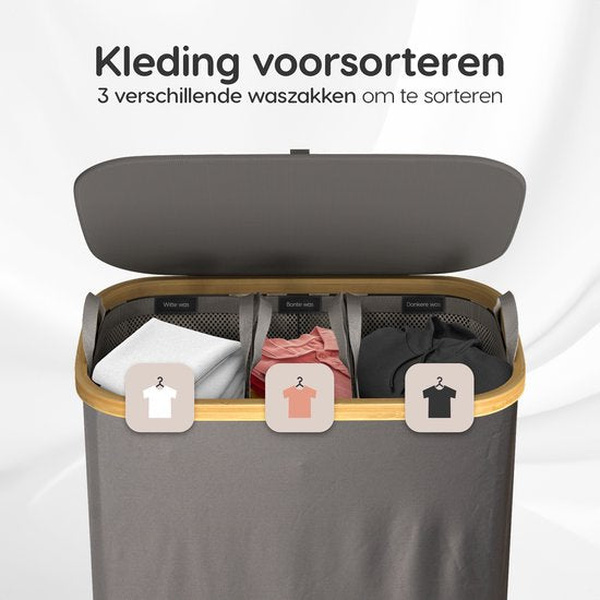 Dymac Wäschekorb 145 Liter - 3 Fächer - Wäschesortierer aus Bambus - Mit 3 herausnehmbaren Wäschesäcken - Wäschekorb mit 3 Fächern - Wäschekörbe - Wäschekorb mit Deckel - Grau