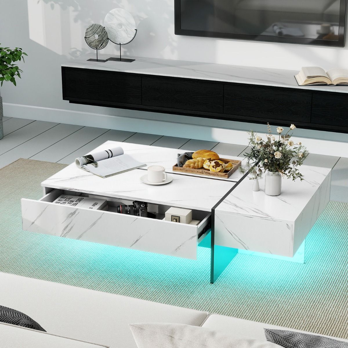 Coast Couchtisch mit LED-Beleuchtung – 3 Schubladen – Hochglanz – weiß – 120 x 70 x 35 cm