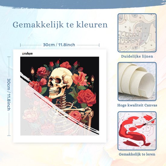 Rubye® Malen nach Zahlen Erwachsene - Malen nach Zahlen Kinder - Skelett & Rosen - Inklusive Farbe und Pinsel - Leinwand Malerei Leinwand - Farbe nach Zahlen - 30x30cm