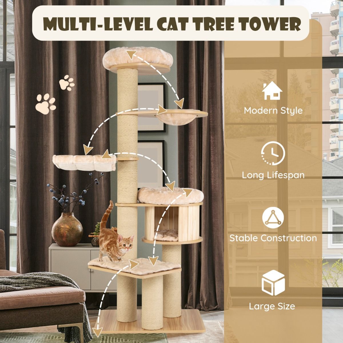 Coast Katzenklettergerüst – Mehrere Ebenen – Kratzbäume und Hütte – Hängematte und waschbare Matten – Beige 75 x 56 x 191 cm