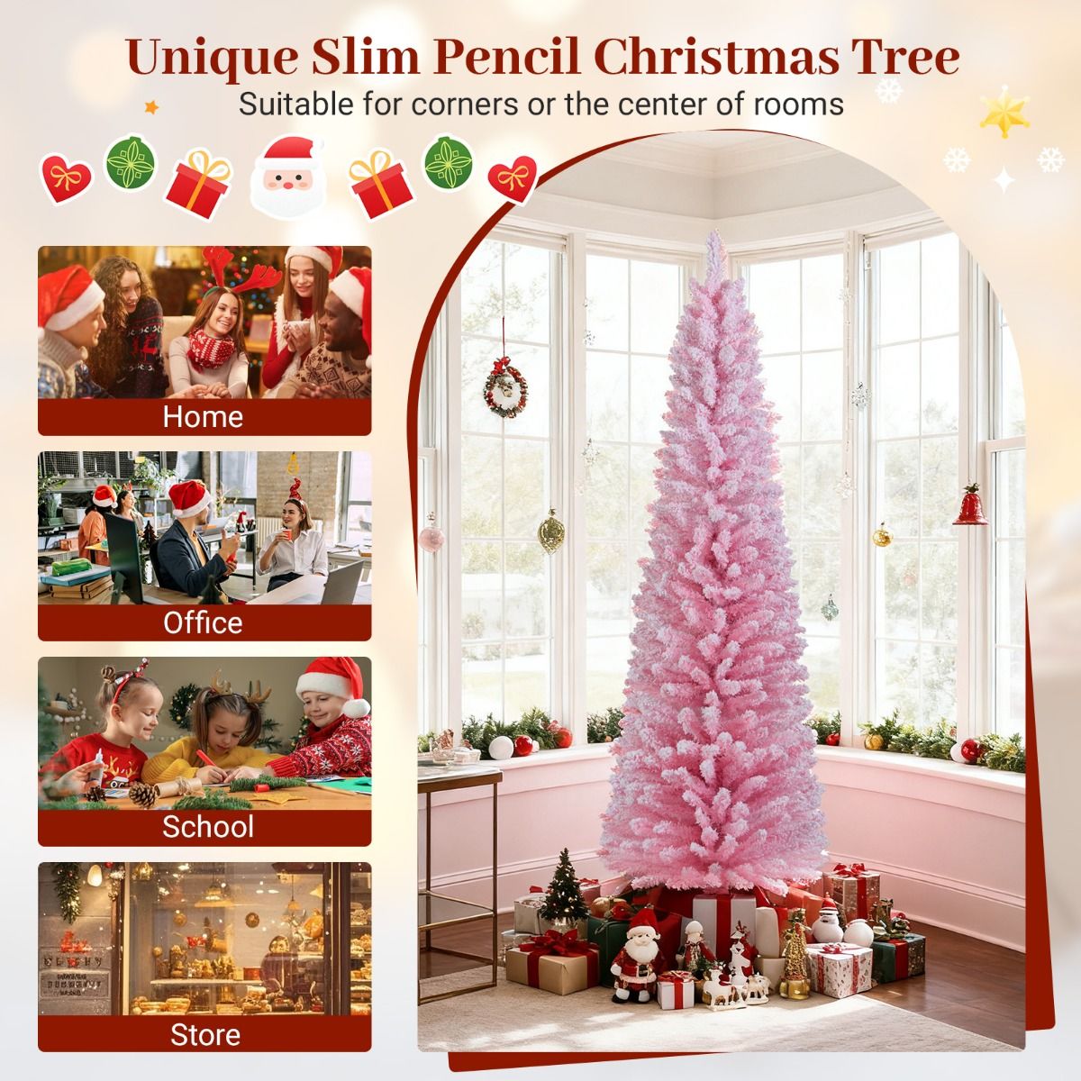 Coast Pink Künstlicher Weihnachtsbaum 180 cm - schlanke Bleistiftform - verschneite Äste - Metallständer