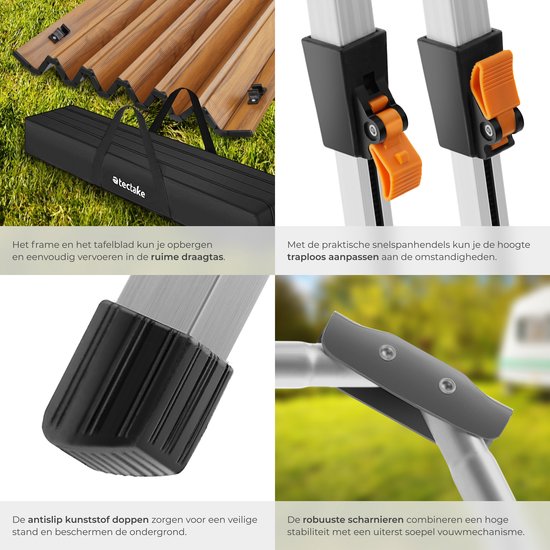 tectake® Campingtisch – 120 x 70,5 x 58–79 cm - Klapptisch aus Aluminium - Aufrollbare XXL-Tischplatte - Klapptisch - Reisetisch - Gartentisch - Wetterfest - Höhenverstellbar - Tragetasche - Zusammenklappbar - Holzoptik