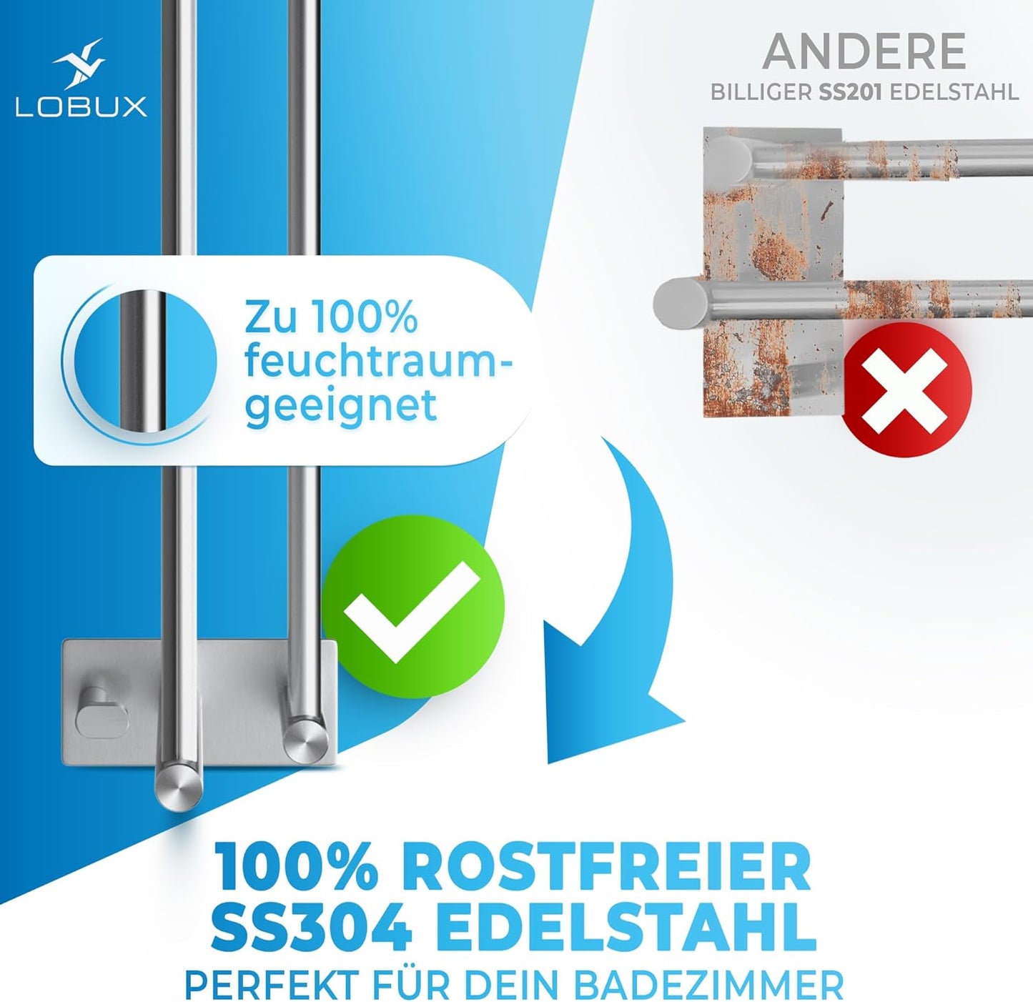 LOBUX® - Handtuchhalter ohne Bohren - 60cm, Edelstahl - Handtuchhalter Bad doppelt, selbstklebend - Handtuchhalter, Handtuchhalter inkl. 2 Handtuchhaken - für Bad, Duschwand, Küche
