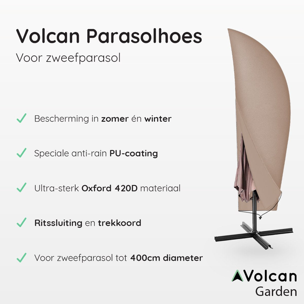 Volcan Sonnenschirmbezug für schwimmenden Sonnenschirm - Ohne Mast - Wasserdicht - Oxford 420D - Mit Reißverschluss und Kordelzug - Bis zu 400cm - Taupe