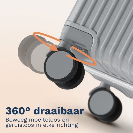 TRVLMORE Premium-Reisekoffer, mittelgroß – 65 x 43 x 26 cm – 360°-Spinner-Rollen – Doppeltes TSA-Zahlenschloss – Polycarbonat – Ohne Reißverschluss – 72 Liter – Silber