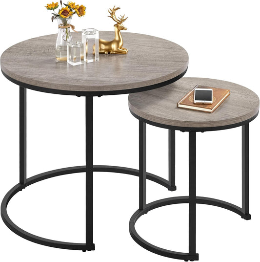 Yaheetech Couchtisch-Set, bestehend aus 2 runden Beistelltischen mit Metallgestell – Eiche-Farbton