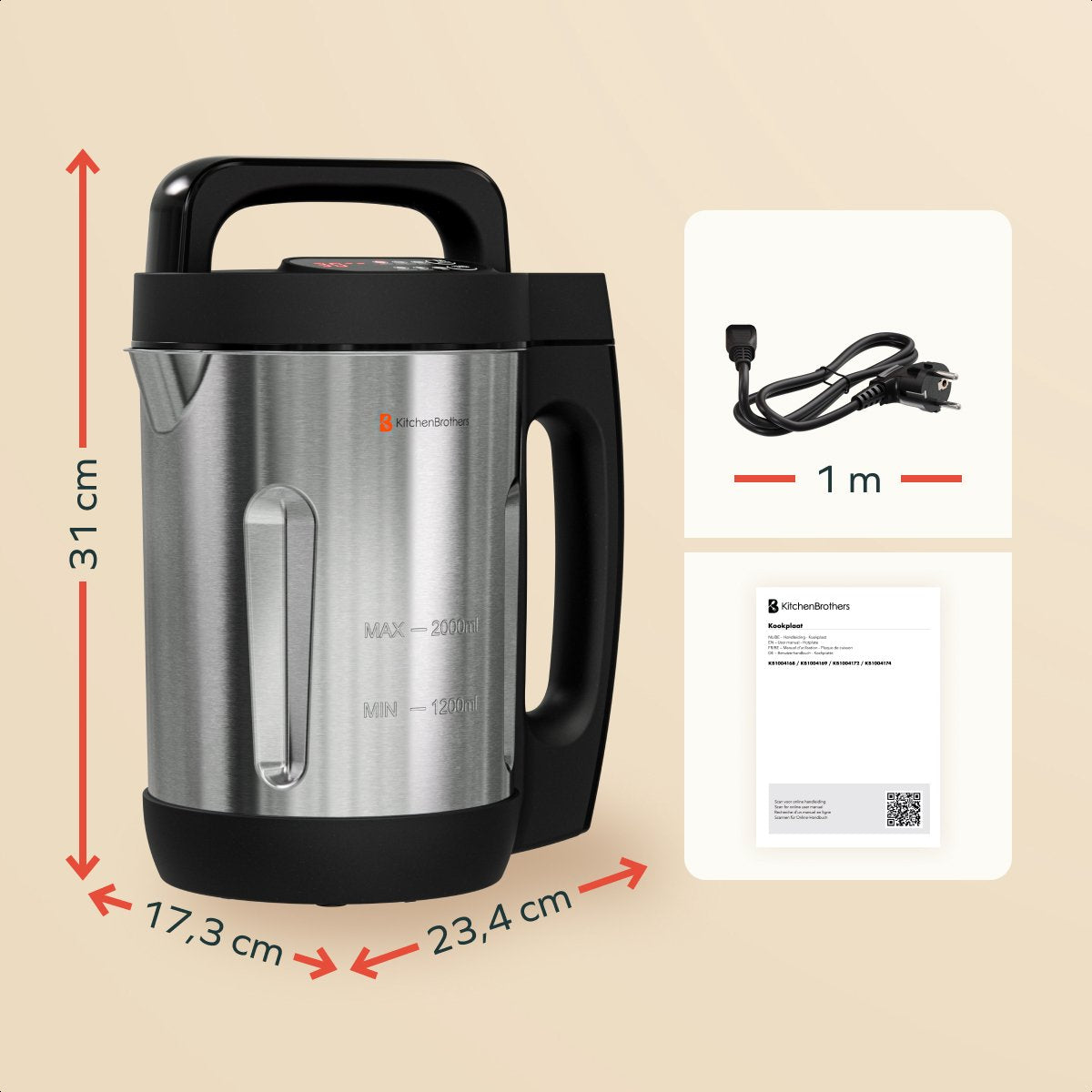 KitchenBrothers Suppenschöpfer - 2L - 5 Programme - Timeranzeige - Mixer - Edelstahl/Schwarz