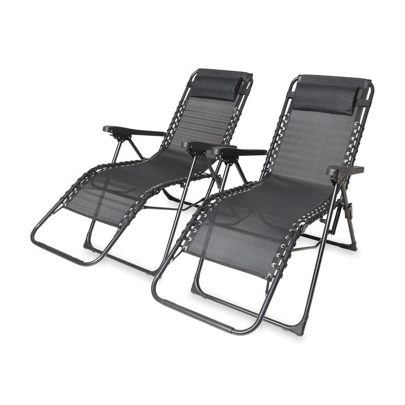 Luxuriöses Gartenstuhl-Set (2er-Set) – zusammenklappbar mit Kissen – Stahl – Schwarz
