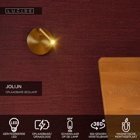 Lucide JOLIJN – Wiederaufladbare Nachttischlampe / Wandleuchte – Akku/Batterie – Ø 10,2 cm – LED – 1x2 W, 3000 K – magnetisch – Mattgold / Messing