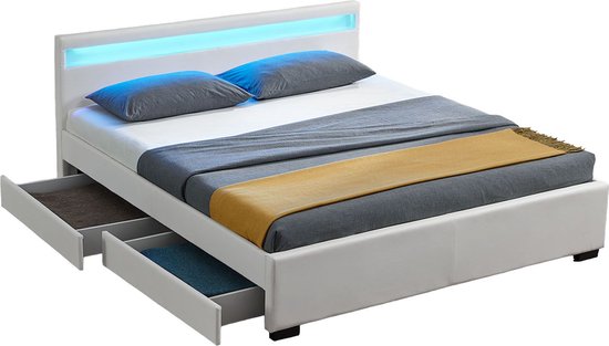 Polsterbett Lyon - 140 x 200 cm - Weiß - LED Beleuchtung & Bettkästen