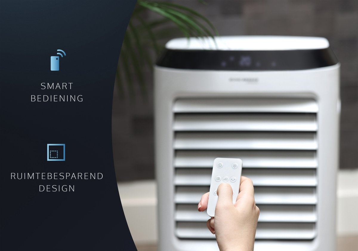 JAP Edmonton - 4in1 Mobiles Klimagerät mit Wasser - Fernbedienung und Timer - Inkl. Kühlelemente - Oszillierender Luftbefeuchter - Standventilator - Mattweiß