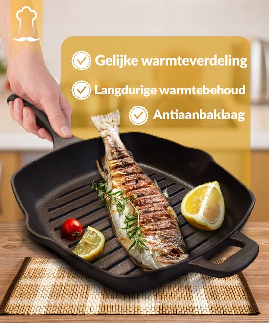 Chefarone Grillpfanne aus Gusseisen – 25,5 cm – Für Induktion, Gas, Backofen und Grill – Quadratische Grillpfanne mit Rillen – Perfekte Grillstreifen und gleichmäßige Wärmeverteilung – Pfanne mit Griff