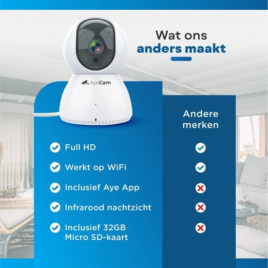 AyeCam Sicherheitskamera - Mit App - WiFi - Bewegungssensor - Inkl. 32GB SD - Kamera Sicherheit - Haustierkamera