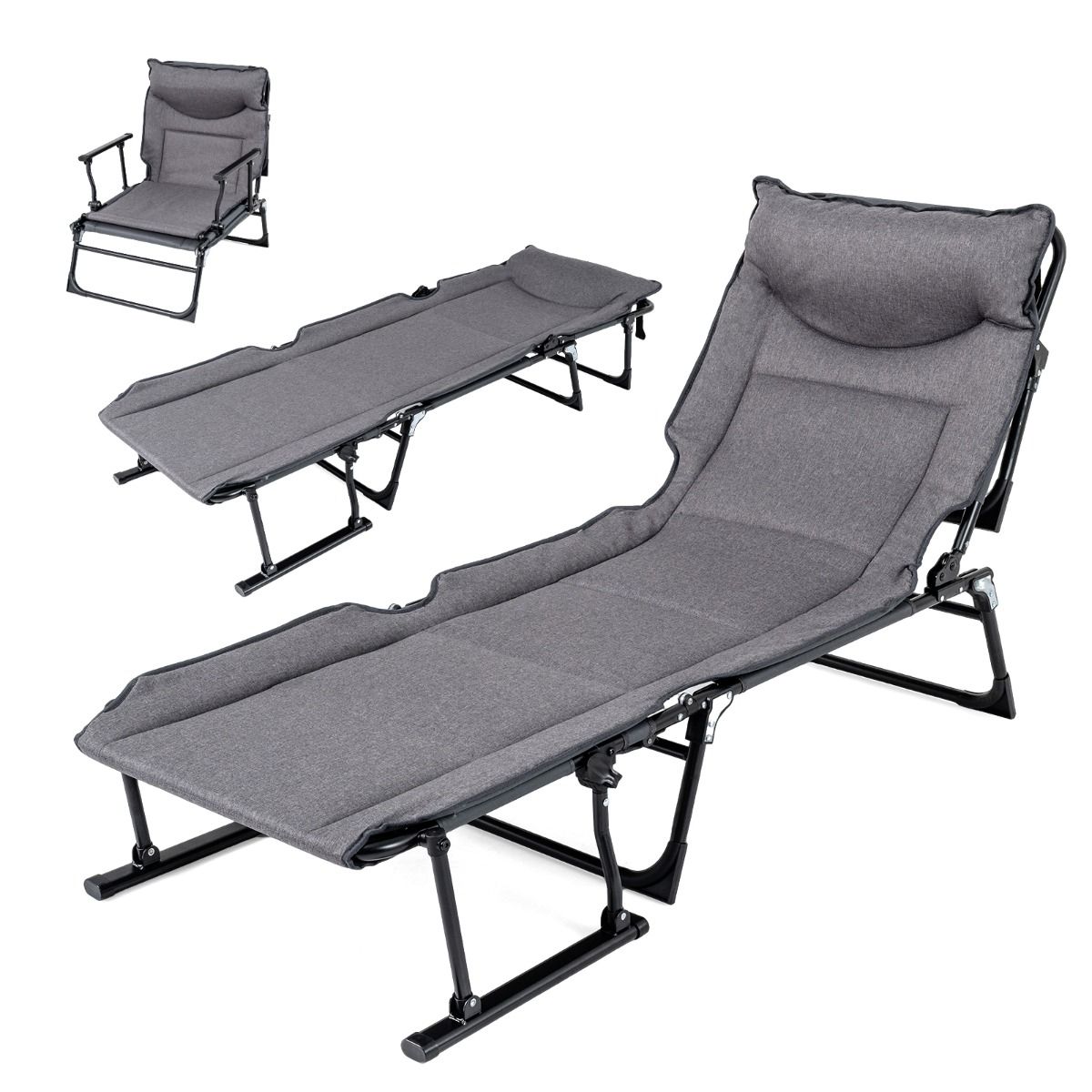 Coast Faltbares Campingbett 3-in-1 – verstellbare Rückenlehne – Kopfstütze – grau und schwarz