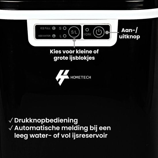 HomeTech HT023 Eiswürfelbereiter mit Schaufel und Tropfschale - Große L- oder kleine S-Eiswürfel - Eiswürfelbereiter - 2,2 Liter - Schwarz