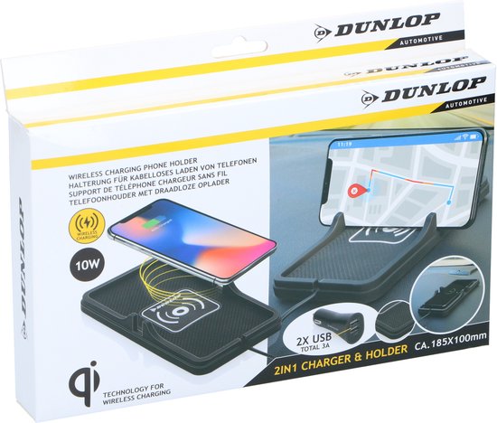Dunlop Phone Holder Car/ Qi Charger - Wireless Charging - Schnelles Ladegerät - inkl. Autoladegerät und Kabel