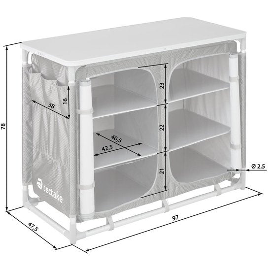 tectake - Campingschrank 97x47,5x78cm - klappbar - abschließbare Fächer - stabile Arbeitsflächen - praktische Seitentaschen - grau