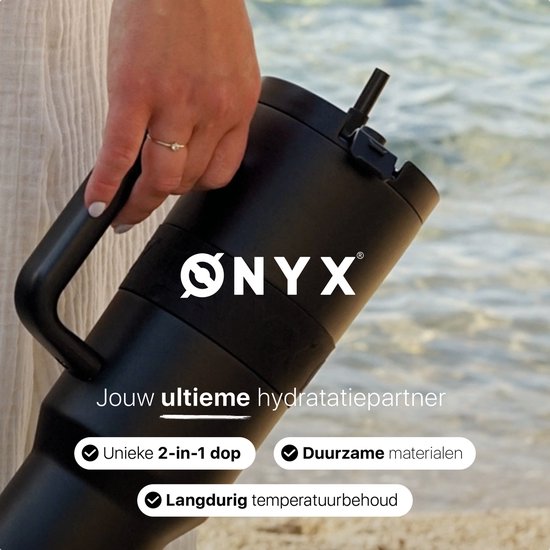 ONYX Trinkflasche mit Strohhalm 1 Liter - Trinkflasche für Kinder & Erwachsene - Thermosbecher Edelstahl Reisebecher - Motivationstrinker - Trinkbecher für die Schule - Onyx Schwarz
