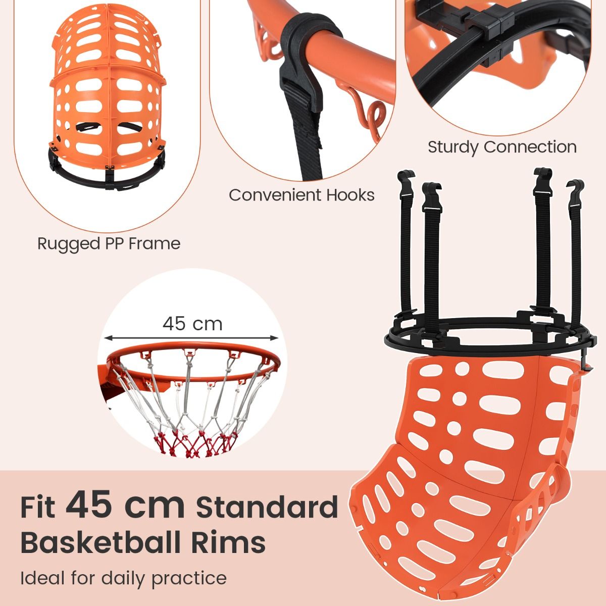 Coast Basketball-Rebounder – um 360 Grad drehbar – einstellbare Rückprallkraft – schwarz und orange
