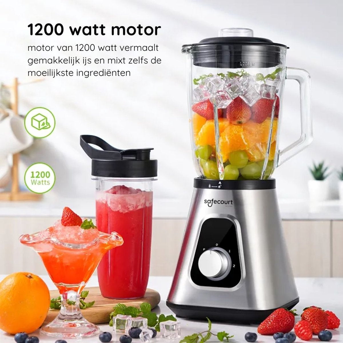 Safecourt Kitchen - Mixer - 1200W - mit To-Go-Becher - Edelstahl - Silber