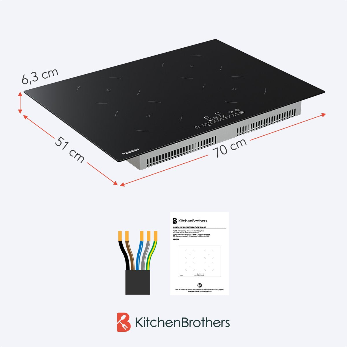 KitchenBrothers Induktionskochfeld - Einbau-Induktionskochfeld - 70 cm - 4 Zonen - 1 und 2 Phasen - bis zu 2300W - Schwarz