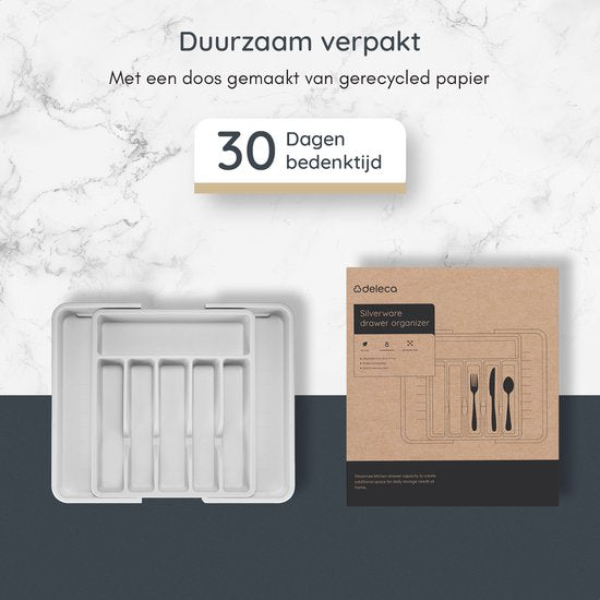 Deleca Ausziehbarer Besteckkasten mit 8 Fächern - Besteckschubladenorganisation - Küchenschubladenbesteckorganisation - Besteckhalter Küche - 57 x 38 cm - Kunststoff / Weiß Grau