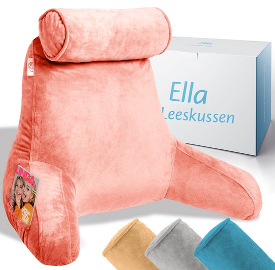 Ella Lesekissen XL – Memory-Foam-Entspannungskissen für das Bett – Sitzkissen mit Nackenrolle und Lendenwirbelstütze – Bookseat – Samt, Korallenrosa