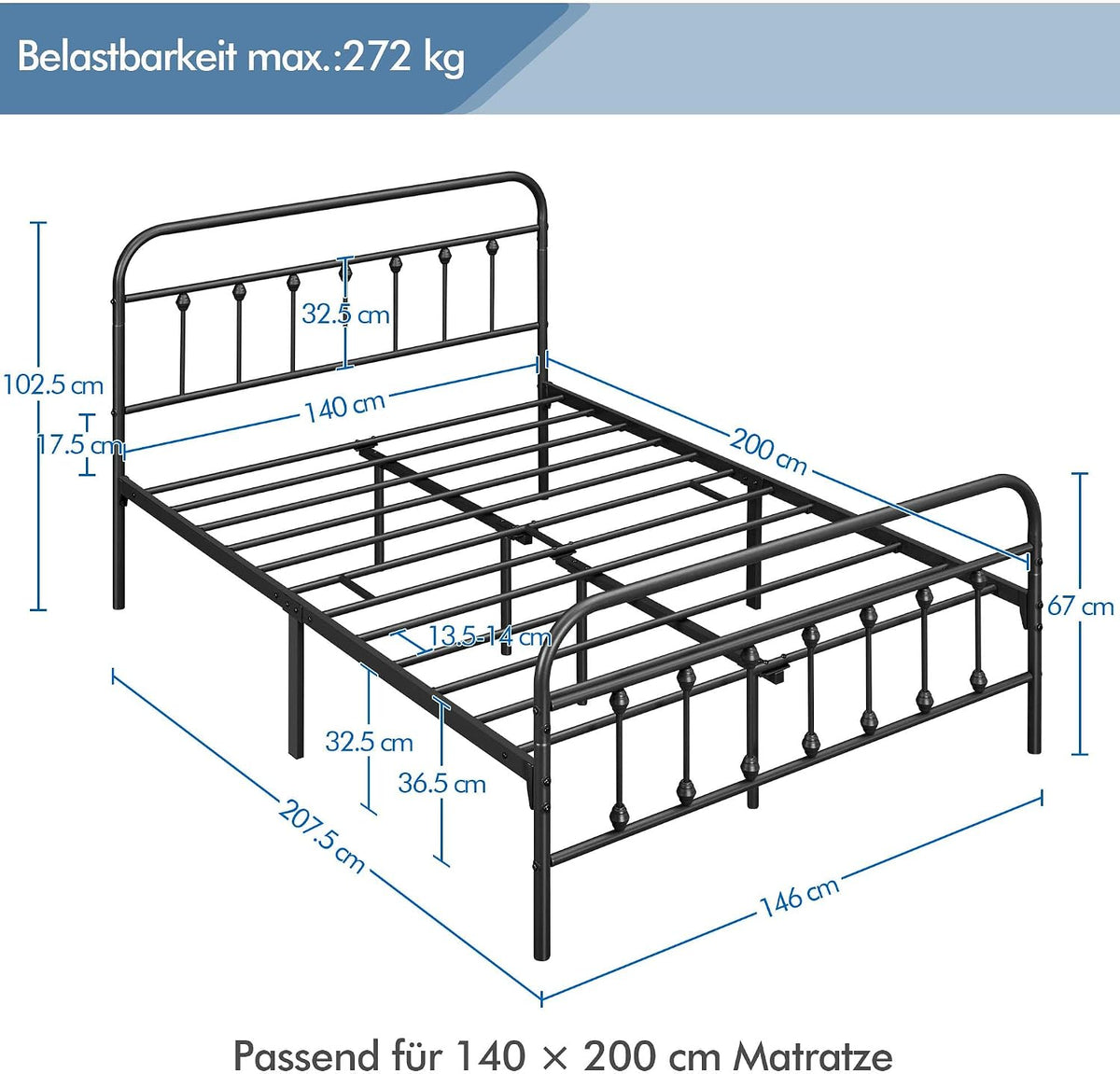 Yaheetech Metallbettgestell – Klassisches Design – Mit Lattenrost – Tragkraft 272 kg