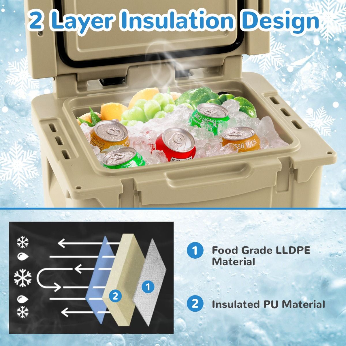 Coast Tragbare Kühlbox auf Rädern 43L - Kaffee - 53x49x53-108 cm - Isothermisch mit Aluminium-Ziehgriff und Flaschenöffner