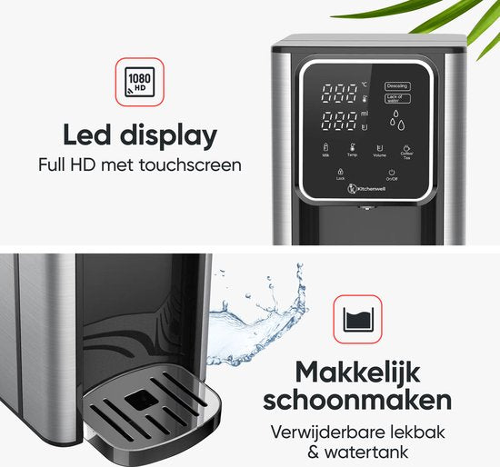 Kitchenwell - Heißwasserspender 3l - 2600W - Touch Display - Milchfunktion - Wasserkocher - Edelstahl/Schwarz
