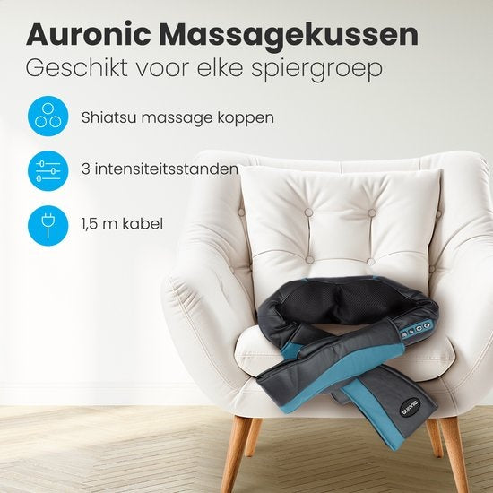 Auronic Shiatsu-Massagekissen - Elektrisches Nackenmassagegerät - Massagegeräte - Nacken und Schulter - Infrarot - inklusive Tragetasche - Schwarz/Blau