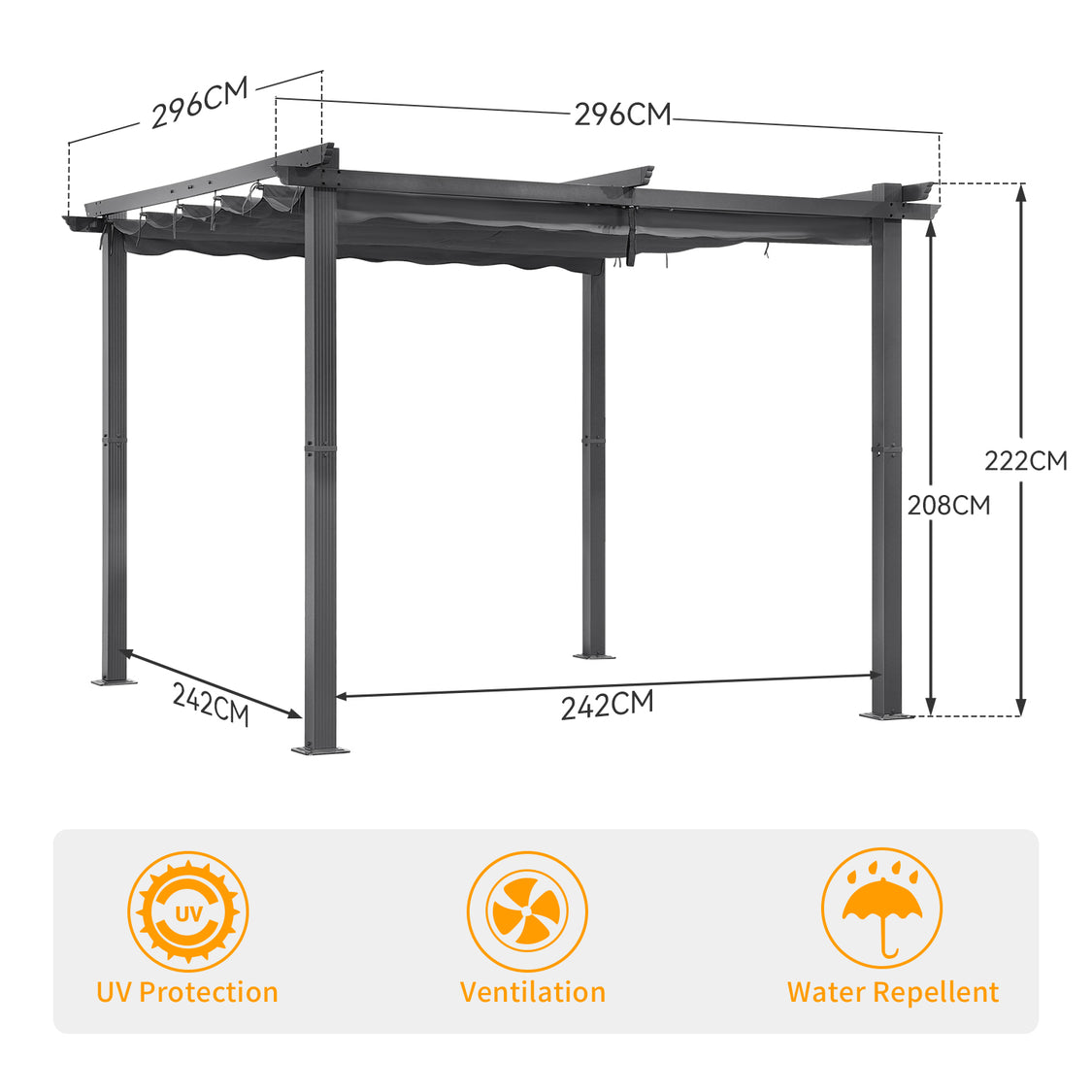 Angel Living Aluminium-Pergola mit verstellbarem, ausziehbarem Dach – 3 x 3 m – Grau/Anthrazit