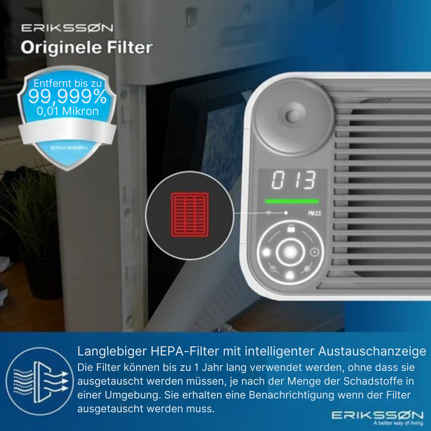 Erikssøn - 2-in-1 Luftreiniger - mit Luftbefeuchter - 330 m3/h - Hilft gegen Staub/Heuschnupfen & Allergien - Mit Hepa-Filter - Weiß