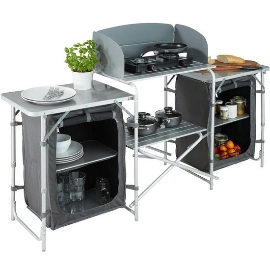 Tectake Campingküche - 172x52x104cm - Klappbar - Abschließbare Fächer - Inkl. Windschutz - Grau