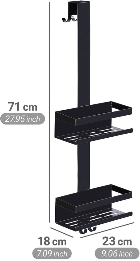 WENKO Duschregal Bribano Duo, 2-stöckig, Edelstahl, mattschwarz, 23 x 71 cm – Duschregal ohne Bohren – Hängendes Duschregal – Duschkorb – Hängbarer Duschkorb