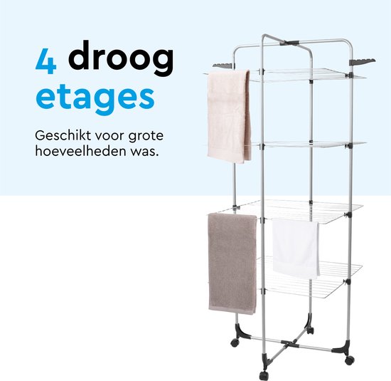 BRASQ Wäscheturm 4 Lagen - Trocknungslänge 40 Meter - Wäscheständer mit Rädern und Halterungen - Wäscheständer - Wäscheturm 68x68x169 cm - Weiß