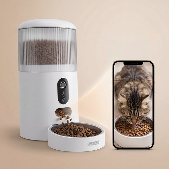 Princess Automatischer Fressnapf – HD-Kamera & Smart – 4 Liter – Katze & Hund – App-Steuerung – Geplante Fütterung – Edelstahlschüssel – Pufferbatterie – Futterautomat – Futterspender – 610045