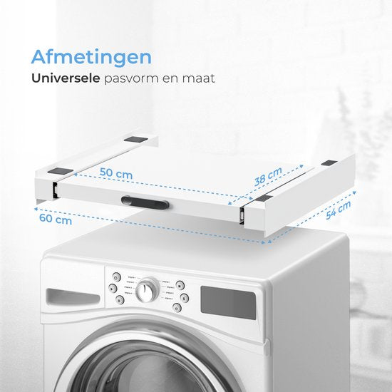 Skoov Abstandshalter für Waschmaschine & Trockner - Stapelset - Mit ausziehbarem Fachboden - Universal - Trockner - Möbel - inkl. Schwingungsdämpfer und Spannband