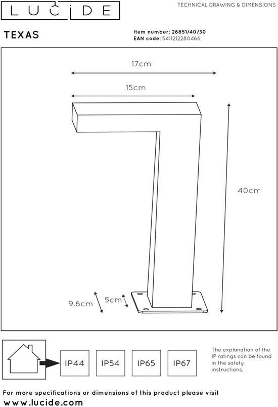 Lucide TEXAS – Sockelleuchte – LED – 1x8 W, 3000 K – IP54 – Anthrazit