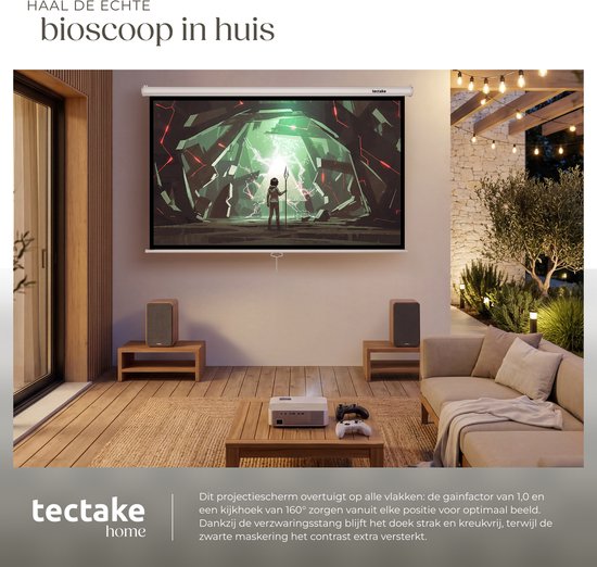 tectake® Beamer-Leinwand – 72 Zoll (183 cm) – 16:9-Projektionsleinwand – Wand- oder Deckenmontage – 4K HD – Aufrollbar – Ausziehbar – Projektionsleinwand – Präsentationsleinwand – Heimkino – Inklusive Befestigungsmaterial