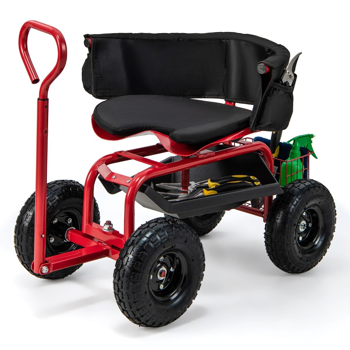 Coast Gartenwagen mit Rollsitz – ausziehbarer Griff – Stauraum – rot