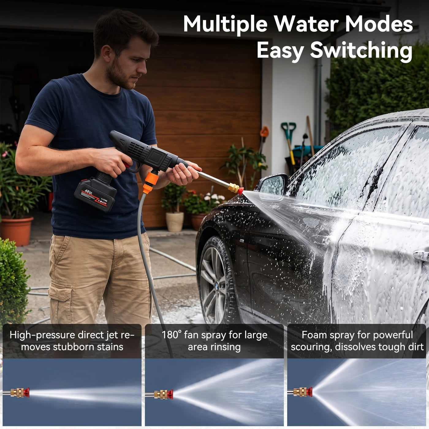 Kabelloser Hochdruckreiniger – 1500 W – Lithium-Akku – 5 Meter Wasserschlauch – Für Auto, Terrasse und Garten