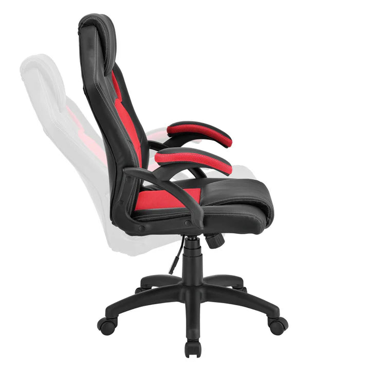 Juskys - Racing Office Chair Montreal - 111 x 47 x 52 cm - Ausgestattet mit neigbarer Rückenlehne und Mesh-Einsatz und Gasfeder - Für Gaming und Büro - Rot und Schwarz Kunstleder und Metall