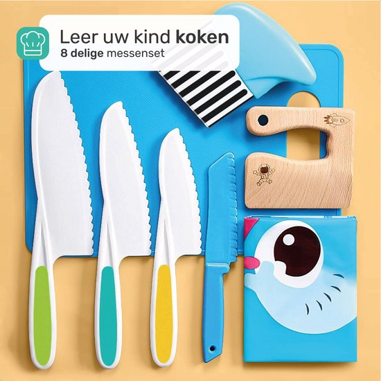 Qwali Blau Kindermesser Set - Sicher - Inkl. Schneidebrett - Kinder - Besteck - Messer Kind - Küche - Spielzeug