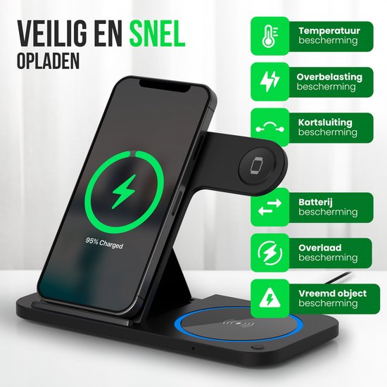 Strex 3-in-1 Wireless Charger - Ladestation - 15W Schnellladegerät - faltbar - geeignet für iOS & Android, Apple Watch, AirPods und Wireless Earphones - Schwarz