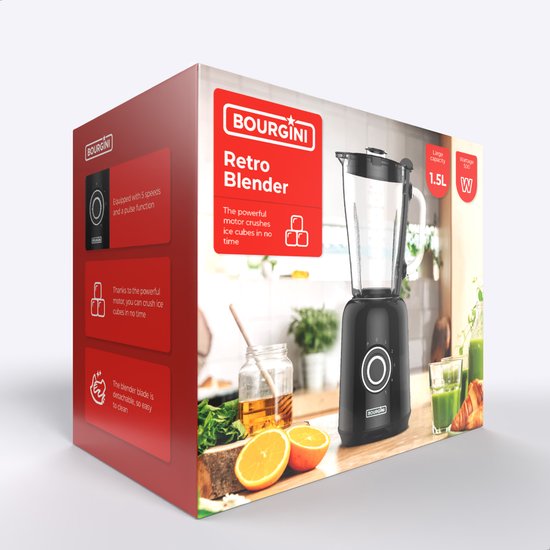 Bourgini Retro-Mixer – 5 Geschwindigkeitsstufen und Pulsfunktion – 1,5 Liter – Smoothie-Mixer – 500 Watt – Schwarz