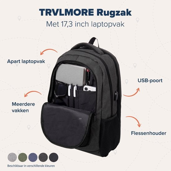 TRVLMORE Rucksack - 36L - 17 Zoll - Laptop-Rucksack - Schultasche - Unisex - Spritzwassergeschützt Anthrazit