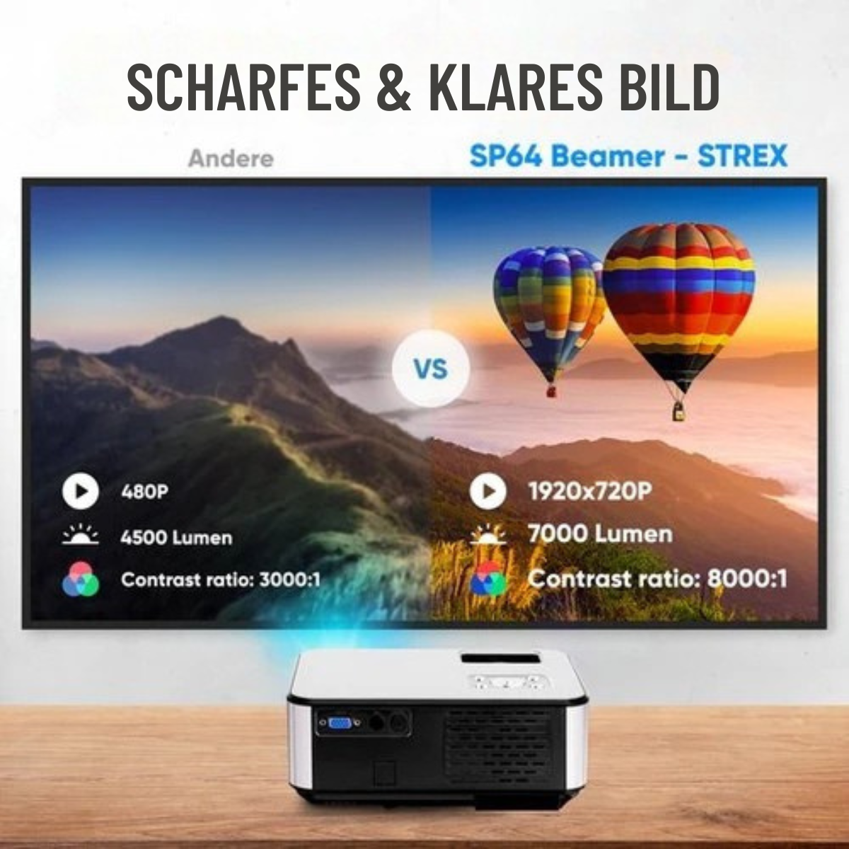 Strex - Mini Beamer - Full HD - 7000 Lumen Streaming vom Telefon - mit WLAN - Weiß
