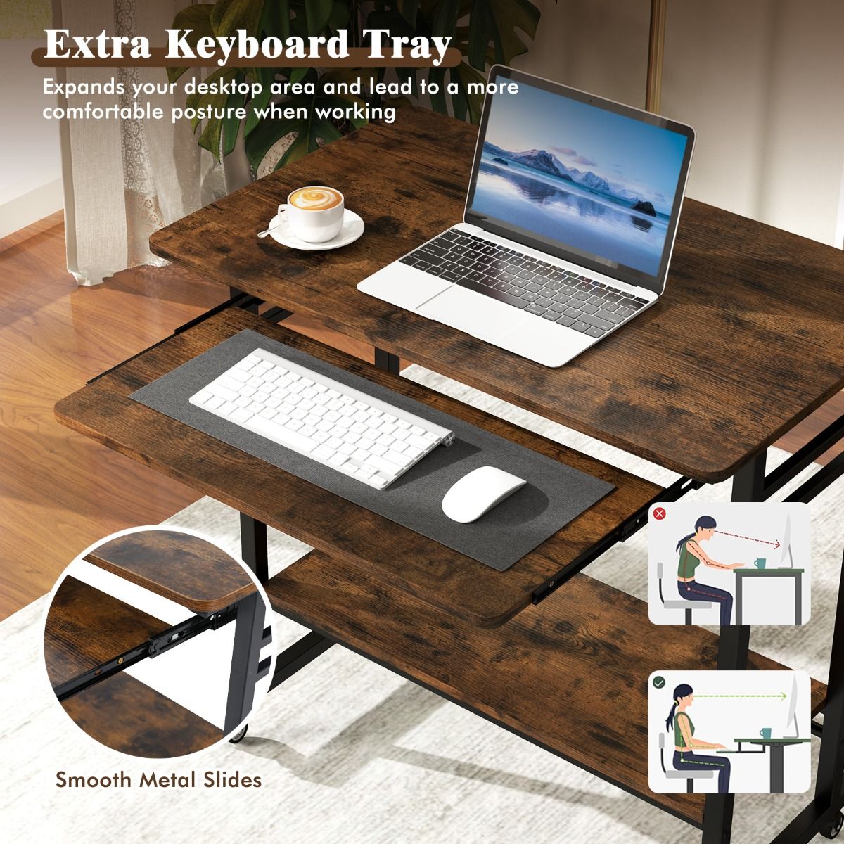 Coast Computertisch auf Rollen – mit Tastaturablage und Ablagegestell – Vintage-Braun – 80 x 50 x 78 cm